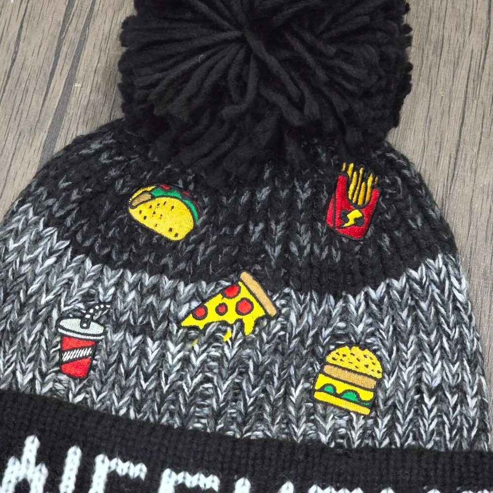 Childrens Place Kids Black Weekend Knit Beanie Hat Food Patches NWT Ages 4-7